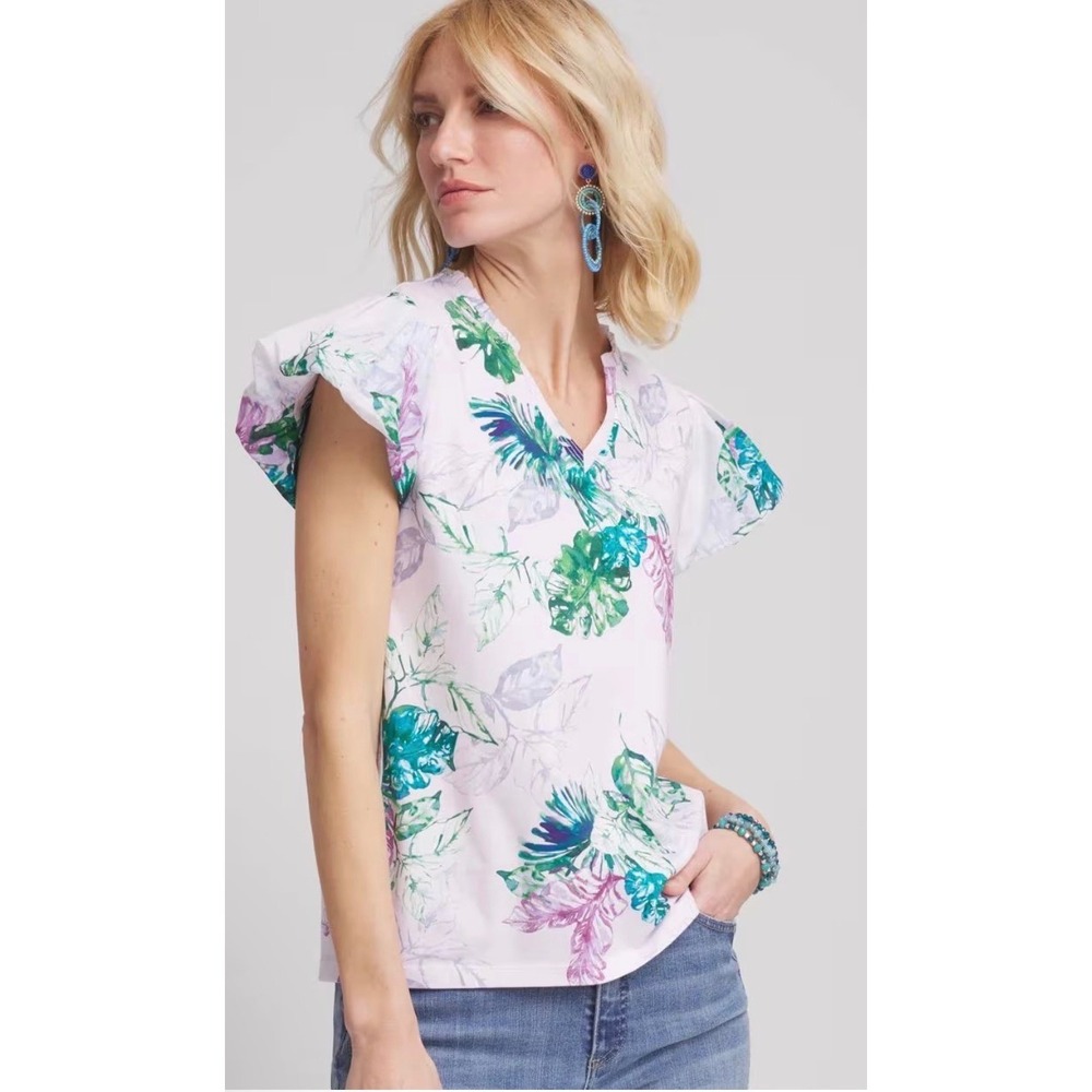 Chicos Tropical Print Flutter Sleeve Ruffle Neck Knit Top Blouse Size 1 8/10 NEW